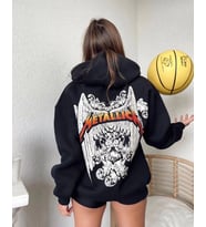 Kadın 2 İplik METALLICA Baskılı Kapüşonlu Hoodie Sweatshirt - Siyah