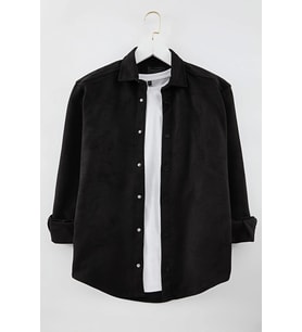 Şık Düz Desen Gömlek Yaka Slim Fit Süet Kışlık Gömlek (Siyah)