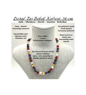 SERTİFİKALI Doğal Taş Bebek Kolyesi Ametist Obsidyen Akik Havlit Kehribar - 38 cm