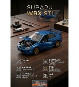 MotorMax Subaru Impreza WRX STI 1:24 Ölçek Mavi Metal Model Araba - Açılır Kapı ve Kaput