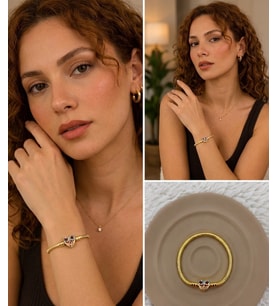 Premium Gold Renk Taşlı 316L Çelik Parlak Renkli Taş Detaylı Kalp Model Charm Bileklik (~18cm)