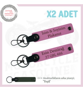 Motor Tutkunlarına İsim Ve Plaka Yazılı Özel Üretim x2 Deri Anahtarlık, Hediyelik, Pembe-yeşil