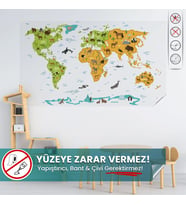 Şeffaf Renkli Hayvanlı Dünya Haritası, Yapışkansız, Elektrostatik Özellikli Akıllı Kağıt Harita