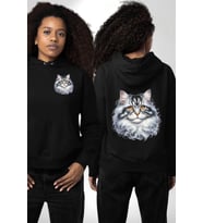 Norveç Orman Kedisi  Siyah Kapüşonlu Sweatshirt Kadın Erkek Ön Minimal Sırt Baskılı