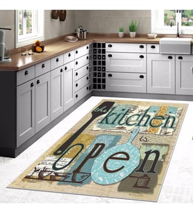 Mavi Kitchen Open Temalı Yıkanabilir Kaymaz Taban Leke Tutmaz Modern Mutfak Halısı (Bej)