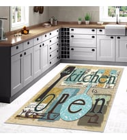 Mavi Kitchen Open Temalı Yıkanabilir Kaymaz Taban Leke Tutmaz Modern Mutfak Halısı (Bej)