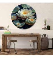 Yuvarlak Temperli Gerçek Cam Tablo Yeşil Krem Lotus Çiçeği