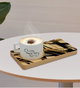 BK Gift Kişiye Özel Modern Art Tasarımlı Doğal Ahşap Tabaklı Seramik Fincan Sunum Seti  Model 16