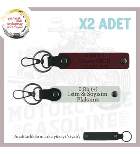 Bikerlar İsim Plaka ve 0 Rh (+) Kan Grubu Yazılı Deri x2 Anahtarlık Hediyelik Takım, Beyaz-Bordo-Syh (Çok Renkli)