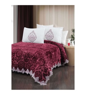 The Home Collection Larissa Fransız Güpürlü Battaniye Yatak Ört Seti-Bordo
