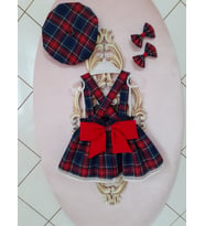 Eylülce Butik Kız Bebek Lacivert Elbise Ekoseli Salopet Şapka Toka Takımı