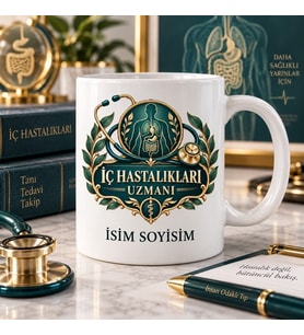 İç Hastalıkları Uzmanı Kupa Bardak Anatomi ve Stetoskop Desenli