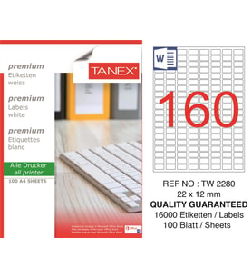 Tanex Lazer Etiket tw-2280 100 A4 Sayfa Laser Etiket 22 X 12 mm Boyutunda 1 A4 Sayfada 160 Etiket