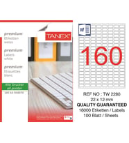 Tanex Lazer Etiket tw-2280 100 A4 Sayfa Laser Etiket 22 X 12 mm Boyutunda 1 A4 Sayfada 160 Etiket