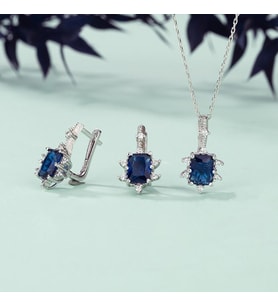 Gümüş Pazarım Pırlanta Montür Prenses Tektaş Gümüş Set Safir