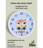 İsme Özel Araba Çocuk Odası Duvar Saati Orta Boy 30 cm Beyaz Camlı Sessiz
