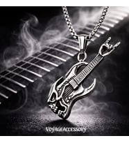Paslanmaz Çelik Antrasit Gümüş Renk Kurukafa Detaylı Rock -Metal Tarz Gitar Kolye