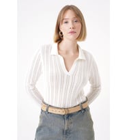 Chuba Kadın Polo Yaka Örgü Detaylı Regular Fit Triko Kazak Beyaz 25W3004