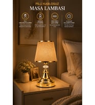 ŞARJ EDİLE BİLİR PİLLİ ABAJUR METAL AYAK KUMAŞ BAŞLIK 35 CM YÜKSEKLİK