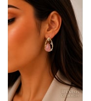 İpekish Gold Renk Pembe Taşlı Zirkon Taşlı Çivi Model Küpe Damla Tasarım Şık Kadın Küpe