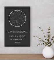 BK Gift Kişiye Özel Gökyüzü Yıldız Haritası Ahşap Siyah Çerçeveli Tablo 40x25cm
