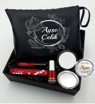 Kişiye Özel Siyah Makyaj Çantası & Makyaj Aynası & Pastel Maskara & Pastel Oje & Pastel Ruj