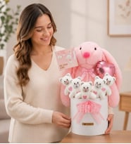 Yenidoğan Kız Bebek Hediyesi – Baby Shower Tavşan Uyku Arkadaşı ve Pembe Peluş Ayıcık Buketi