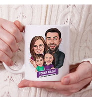 Kişiye Özel Kız ve Erkek Çocuklu Aile Karikatürlü Kupa Bardak