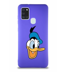 Samsung Galaxy A21S Soft Premier Kapak Donald Duck-A Tasarımlı Silikon Kılıf - Mor (Şeffaf)
