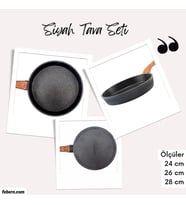Febern Premium Bio Granit Alüminyum Döküm Nisch Tava Seti (Siyah-Koyu Ahşap Kulp)