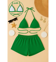 Kadın Yeşil Şortlu Belden ve Boyundan Bağlamalı Bikini Takımı