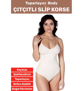 Özel Üretim İz İç Göstermez Kaymaz Sıkılaştırıcı İnceltici Çıtçıtlı Slip Body Korse (Bej)