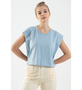 Maraton Regular Kadın Bisiklet Yaka  Sisli Mavi Crop Top