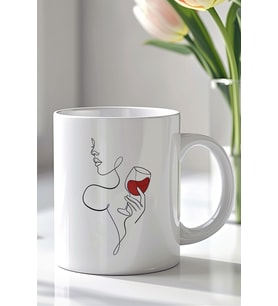 Minimal Şarap Figürlü Line Art 330ml Baskılı Beyaz Seramik Kupa Bardak