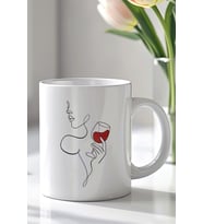 Minimal Şarap Figürlü Line Art 330ml Baskılı Beyaz Seramik Kupa Bardak