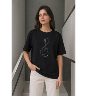 Minimal Gitar Baskılı Tişört T-Shirt Yazlık Kısa Kol Bisiklet Yaka T-Shirt - Siyah