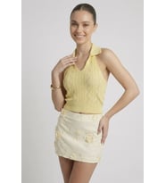 Kadın Polo Yaka Sırt Dekolteli Crop Bluz