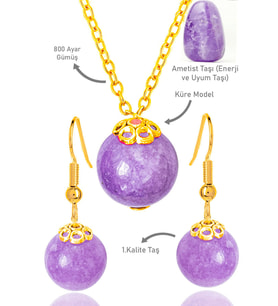 Sertifikalı Gold Küre Model Ametist Taşı Kolye ve Küpe Seti - Gümüş Aparatlı (Mor)