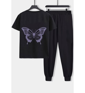 Unisex Butterfly Baskılı 2'li Eşofman Takımı (Siyah)