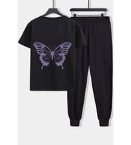 Unisex Butterfly Baskılı 2'li Eşofman Takımı (Siyah)