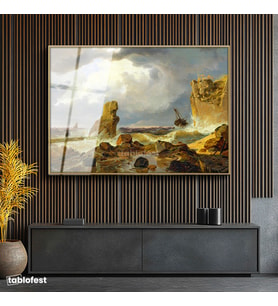 Altın Renk Metal Çerçeveli Tamperli Cam Tablo C.D. Friedrich Batık Gemi Fırtınalı Deniz Kayalık Ressam Tablosu Dekoru