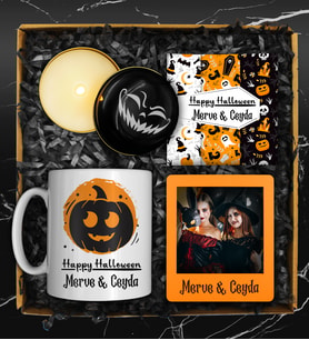 Cadılar Bayramına Özel Kişiye Özel Tasarım Kupa & Kişiye Özel Kart & Kişiye Özel Çerçeve & Özel Tasarım Halloween Mum Hediye Seti