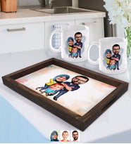 BK Gift Kişiye Özel Tesettürlü Aile Karikatürlü Doğal Ahşap Tepsi ve 2’li Kupa Bardak Seti-1