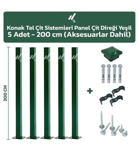 KONAK TEL ÇİT SİSTEMLERİ 5 ADET PANEL ÇİT DİREĞİ 200 CM AKSESUARLAR DAHİL (Yeşil)