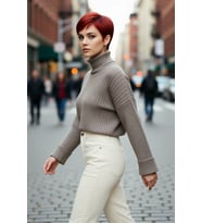 Kadın Oversize Super Crop Balıkçı Yaka Uzun Kollu Akrilik Triko Kazak Kışlık Günlük Şıklık
