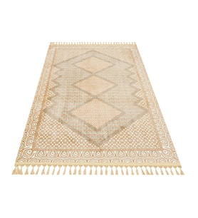 Bej Renkli Etnik Desenli Salon Halısı Makine Dokuma Modern Geometrik Çizgili Dekoratif Model