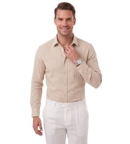 DeepSEA Erkek Slim Fit %95 Pamuk Çizgi Dokulu Açık Kahve Ütü Gerektirmeyen Gömlek 2600002