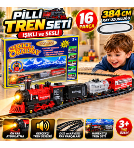 Pilli Tren Seti 16 Parça 384 CM Raylı Işıklı ve Sesli Oyuncak Tren Seti