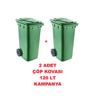 120 Lt Yeşil Kapaklı Çöp Konteyneri, 2 Adet, Tutma Saplı Büyük Boy
