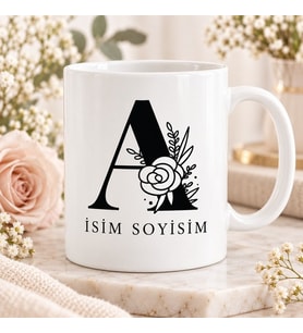 Kişiye Özel Baş Harf ve İsim Yazılı Çiçek Motifli A Harfli Seramik Kupa Bardak